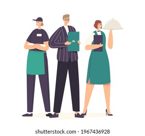 Restaurant Workers Team Posing. Male Administrator with Menu in Hands, Waitress Holding Tray with Dish under Cloche Lid, Hospitality Staff Characters in Uniform. Cartoon People Vector Illustration