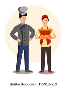 Restaurant Workers in Uniforms Flat Characters. Cheerful Pizzeria Staff Vector Illustration. Courier Carrying Pizza Box. Confident Chef. Cafeteria Employees Isolated Design Element