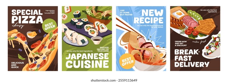 Restaurants advertising posters set. Different food compositions with sushi, pizza, noodle, fastfood on promotion templates. Delicious eating in cafe, meal delivery. Flat vector illustrations