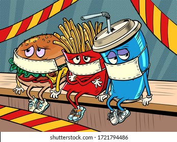 restaurants are closed for a coronavirus epidemic quarantine.. sad fast food characters fries Cola Burger. Comics caricature pop art retro illustration drawing