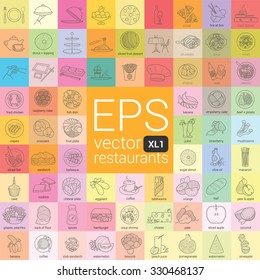 restaurants menu pictogram pack. large icon vector eps set collection outline contour download. food, beverages, vegetables, fruits, meat, mushrooms, pizza, dessert, cheese, sausages, cafe design kit