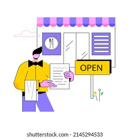 Restaurants reopening abstract concept vector illustration. Pandemic business adaptation, outdoor seating area, outside dining, table spacing, social and physical distancing abstract metaphor.