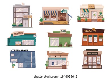 Restaurants or shops facades isolated scenes set. Building of office centre, mall, pizzeria, hypermarket, clothing store. Bundle of modern exteriors. Vector illustration in flat cartoon for web design