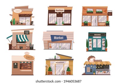 Restaurants und Geschäfte Fassaden isolierten Szenen Set. Gebäude aus Kaffee, Boutique, Straßennahrung, Markt, Buchhandlung, Bäckerei. Paket mit modernen Ausstattungen. Vektorgrafik in flachem Cartoon für Webdesign