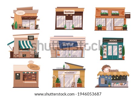Restaurants and shops facades isolated scenes set. Buildings of coffee, boutique, street food, market, bookstore, bakery. Bundle of modern exteriors. Vector illustration in flat cartoon for web design