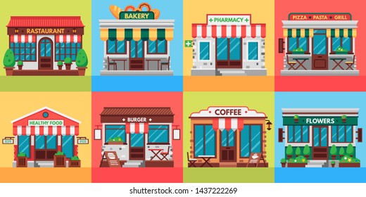 Restaurantes y fachadas comerciales. Edificio antiguo de tiendas, tiendas y edificios de restaurantes exteriores. Compra, comida callejera o restaurante muestra un conjunto de ilustraciones vectoriales planas