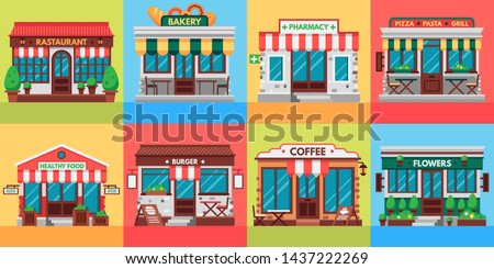 Restaurants and shops facades. Old shop building, market store and restaurant buildings exterior. Shopping, street eating or restaurant showcase flat vector illustration set