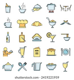 Restaurateur baker icons set. Outline set of restaurateur baker vector icons thin line color flat on white
