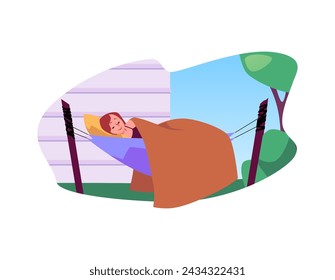 Restful nap outdoors. Vector illustration of a person sleeping in a hammock tied between trees with a tranquil backdrop.