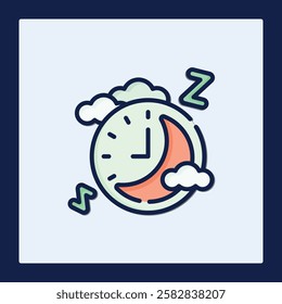 Restful Night Sleep Icon: Moon, Clock, Clouds Design