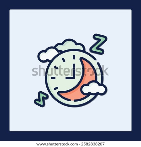 Restful Night Sleep Icon: Moon, Clock, Clouds Design