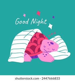 Restful sleep concept. Vector illustration of a peaceful turtle tucked in bed, with Good Night text, suitable for children's themes.