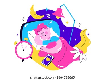 Ruhige Schlaf-Vektorgrafik mit einer süßen Traumszene mit glücklichen Menschen, die auf einer weichen Wolke schlafen und einem Bett für Entspannung und Ruhe