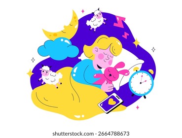 Ruhige Schlaf-Vektorgrafik mit einer süßen Traumszene mit glücklichen Menschen, die auf einer weichen Wolke schlafen und einem Bett für Entspannung und Ruhe