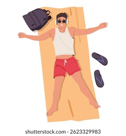 Restful young guy cartoon character wearing swimsuit and headphones sunbathing lying on beach blanket listening music and relaxing at tropical resort top view vector illustration isolated on white
