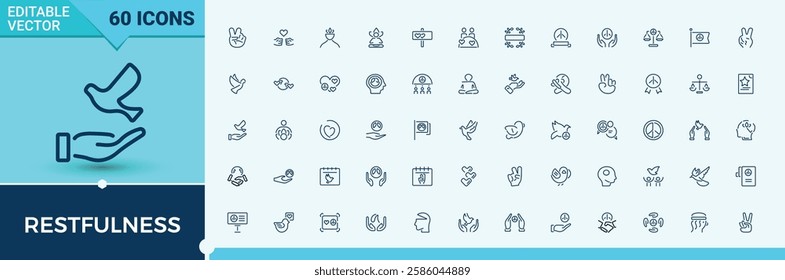 Restfulness vector icon set. Contains such icons as people, peace, v, peaceful, no war, free, love, life. Thin outline icons pack. Editable vector illustration.