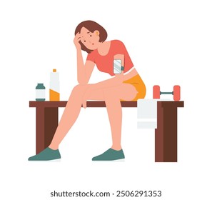 Resting after working out training tired sitting on benches gym catch breath and drinking water concept illustration