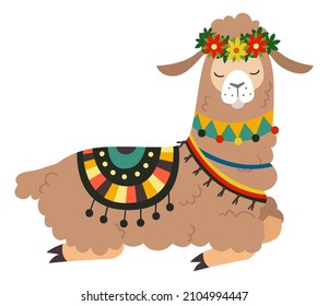 Resting alpaca. Cute peruvian animal in traditional ornaments