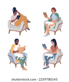 Resting in armchair semi flat color vector characters set. Editable figures. Full body people relaxing on white. Simple cartoon style illustration collection for web graphic design and animation