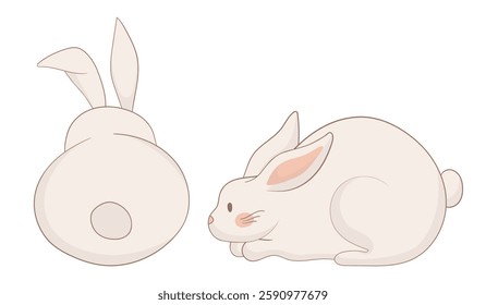 Resting and back-view bunny icon. One rabbit lies relaxed while the other is shown from behind with its fluffy tail visible. Minimalist and calming animal illustration