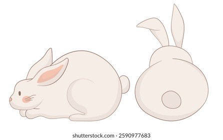 Resting and back-view bunny icon. One rabbit is lying down peacefully while the other is shown from behind with perked ears. Simple and soft animal illustration