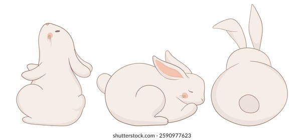 Resting, back-view, and jumping bunny icon. One rabbit lies down, another is viewed from behind, and the third is mid-leap. A charming and lively animal illustration