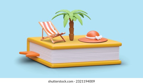 Resting with book. Deckchair, palm tree, sun hat on giant tome. Interesting relax stories. Favorite author. Pleasant leisure. 3D illustration on blue background