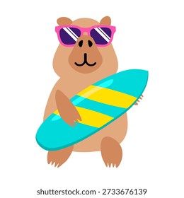 Resting capybara in sunglasses ready to surf waves on surfboard. Surfing swamp guinea pig rodent. Tropical swamp animal mammal. Flat cartoon vector isolated on white background