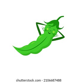 Resting cartoon happy green pea pod on a white background. EPS. Isolated.