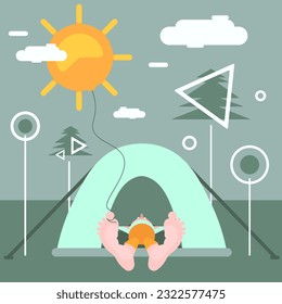Resting character in a tent, and background with abstract trees. Poster for tourism or home wall decoration