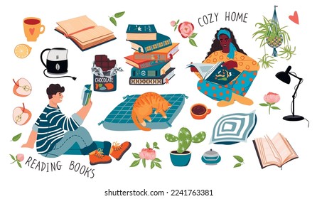 Resting at cozy home collection with storybooks.Man and woman reading books, cat on mat, chocolate, plants, flowers, cups,  teapot, lettering.Vector clip art set on white .Flat cartoon illustration.