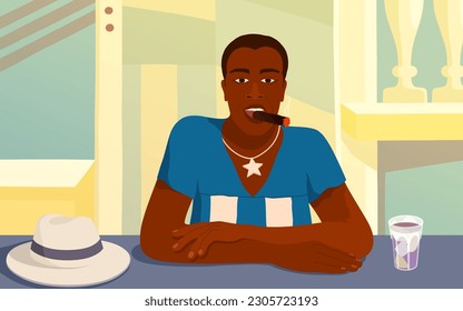 Resting Cuban man with cigar and cocktail. Style - American realism. Contemporary aesthetic poster design. Vector template