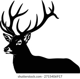 Ilustração vetorial de silhueta de veado repousante apresentando galhadas para temas da natureza da vida selvagem da floresta e projetos de caça.