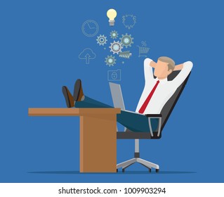 Resting employee banner vector illustration of tired man sitting on black chair and putting legs on brown table, lot of gears, bulb and other icons