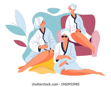 Resting female characters wearing robes and towels sitting in spa salon waiting for procedures. Girls relaxing and having fun. Women talking and smiling, drinking water. Vector in flat style