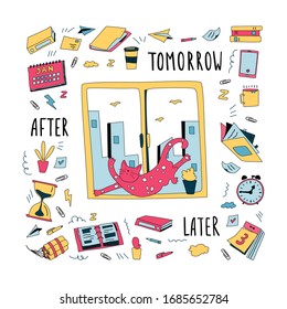 Resting Funny cat lies on the window and stretches. He is surrounded by a bunch of unfinished business, papers and tasks. Vector Illustration in flat doodle cartoon style