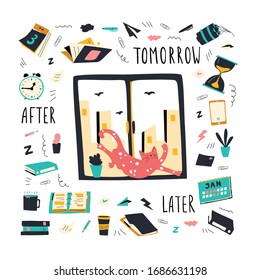Resting Funny cat lies on the window and stretches. He is surrounded by a bunch of unfinished business, papers and tasks. Vector Illustration in flat doodle cartoon style