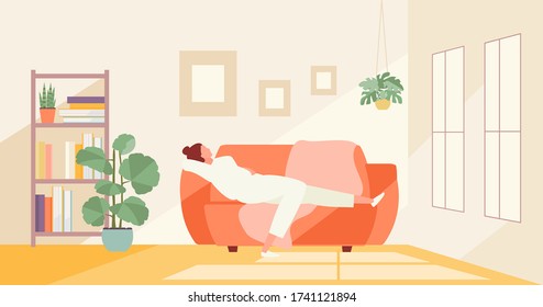 Resting girl lying on the couch. Home life vector illustration