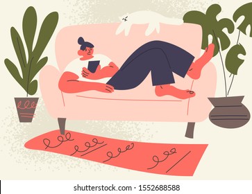 
Resting girl surfing internet and social media with smartphone at home on the couch with a cat. Flat doodle illustration