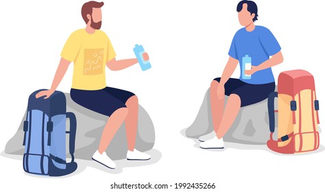 Resting hikers semi flat color vector character set. Sitting tourists figures. Full body people on white. Trip isolated modern cartoon style illustration for graphic design and animation collection