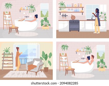 Resting at home flat color vector illustration set. Daily therapeutic routine indoor. Take bath. Drinking tea in kitchen. Relaxing 2D cartoon characters with home interior on background collections