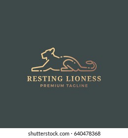 Resting Lioness Abstract Vector Sign, Emblem or Logo Template. Line Style Graceful Lying Lioness Silhouette with Typography. Dark Background.