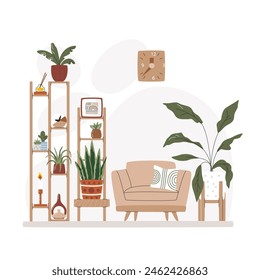 Resting and lounge zone with armchair and plants. Stands full of many different houseplants, sculptures, diffuser and other home decor. Chilling living room area hand drawn flat vector illustration