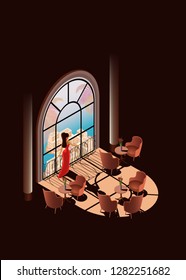 Resting in Luxury Resort Restaurant Isometric Vector Concept. Woman in Long Red Evening Dress Looking on Tropical Seashore, Enjoying Sunset Through Window in Restaurant Comfortable Hall Illustration