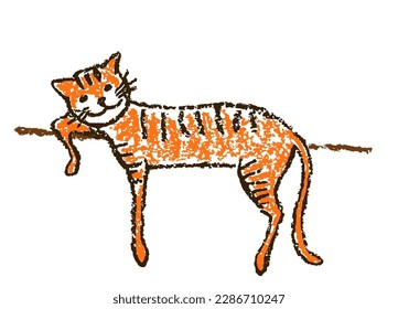 Resting lying red cat  Funny cute smiling cartoon kitty  Wax crayon like child`s hand drawn kitten  Pastel chalk pencil kids line art stroke pretty tabby cat  Vector artistic doodle simple pet