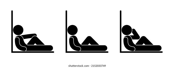 resting man icon, stick figure, set of human silhouettes, half-sitting people, lying down near the wall