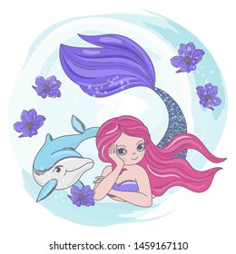 RESTING MERMAID Dolphin Sea Cartoon Vector Illustration Set