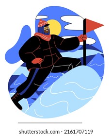 Resting in nature on adventure. Climber sets flag on top of mountain, smiling guy on cliff. Active lifestyle and extreme sports, explorer of new territories. Cartoon flat vector illustration