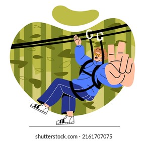 Resting in nature on adventure. Guy rolls down on tightrope, amusement park and active lifestyle. Holidays for weekend and entertainment, happy boy show fingers. Cartoon flat vector illustration