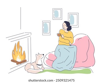 Resting near fire concept. Woman with dog sitting near fireplace. Leisure indoors. Cozy winter evening. Comfort and coziness at home. Linear flat vector illustration isolated on white background